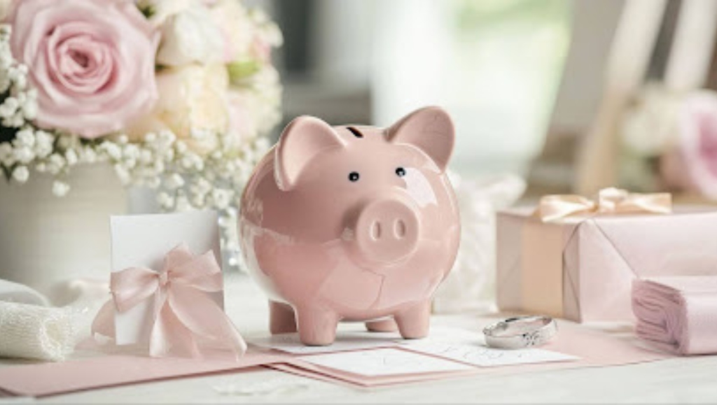 Image of a pink piggy bank for wedding savings, and wedding decor