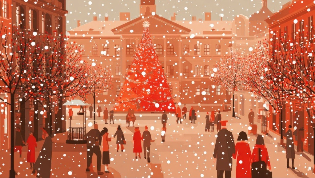 Image of a snowy city scape at Christamas time celebrating holiday traditions